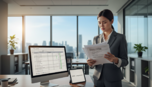 A visually striking scene illustrating the concept of accounting records retention in Singapore. In the foreground, a professional businesswoman in a smart suit is reviewing a stack of documents labeled with retention period guidelines, with a look of concentration on her face. The middle ground features a modern office desk with a computer displaying a digital spreadsheet of retention periods and compliance checklists. The background showcases a sleek office environment with large windows, allowing natural light to fill the space, creating a bright and organized atmosphere. The overall mood is focused and professional, emphasizing the importance of understanding legal retention periods for accounting records in Singapore. The image should be photorealistic, capturing the details of the office setting and the documents clearly.