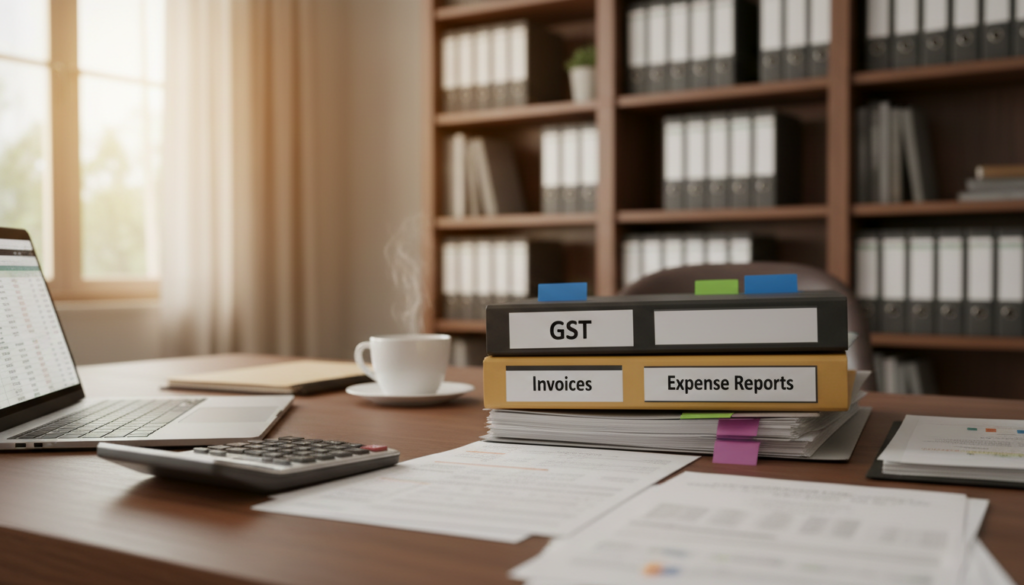 A well-organized office setting for a GST deregistration process, featuring a wooden desk covered with neatly stacked financial records and documents. In the foreground, a close-up of a calculator and a sleek laptop, emphasizing productivity and attention to detail. The middle ground contains a stack of folders labeled 'GST', 'Invoices', and 'Expense Reports', alongside a cup of coffee, indicating a focus on careful preparation. The background shows a softly lit room with a bookshelf filled with binders, creating a professional atmosphere. The warm, natural lighting adds a sense of calmness, while a slight depth of field keeps the focus on the records. The image captures a sense of diligence and organization, reflective of the preparatory stage for deregistration.