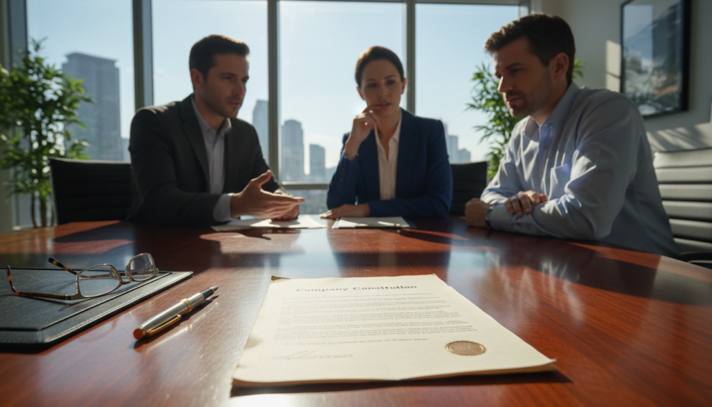 A beautifully arranged image depicting a "Company Constitution" document prominently displayed on a polished wooden conference table in a bright office setting. The foreground features a detailed, open document with visible legal text, a fountain pen beside it, and a pair of reading glasses, suggesting an ongoing discussion. In the middle, a diverse group of three professionals - two men and one woman, dressed in smart business attire, are engaged in conversation while pointing at the document, highlighting collaboration and decision-making in a corporate environment. The background features large windows allowing natural light to illuminate the scene, with subtle views of a city skyline outside. The atmosphere is serious yet constructive, conveying the importance of corporate governance and legal clarity in business partnerships. A beautifully arranged image depicting a "Company Constitution" document prominently displayed on a polished wooden conference table in a bright office setting. The foreground features a detailed, open document with visible legal text, a fountain pen beside it, and a pair of reading glasses, suggesting an ongoing discussion. In the middle, a diverse group of three professionals - two men and one woman, dressed in smart business attire, are engaged in conversation while pointing at the document, highlighting collaboration and decision-making in a corporate environment. The background features large windows allowing natural light to illuminate the scene, with subtle views of a city skyline outside. The atmosphere is serious yet constructive, conveying the importance of corporate governance and legal clarity in business partnerships.