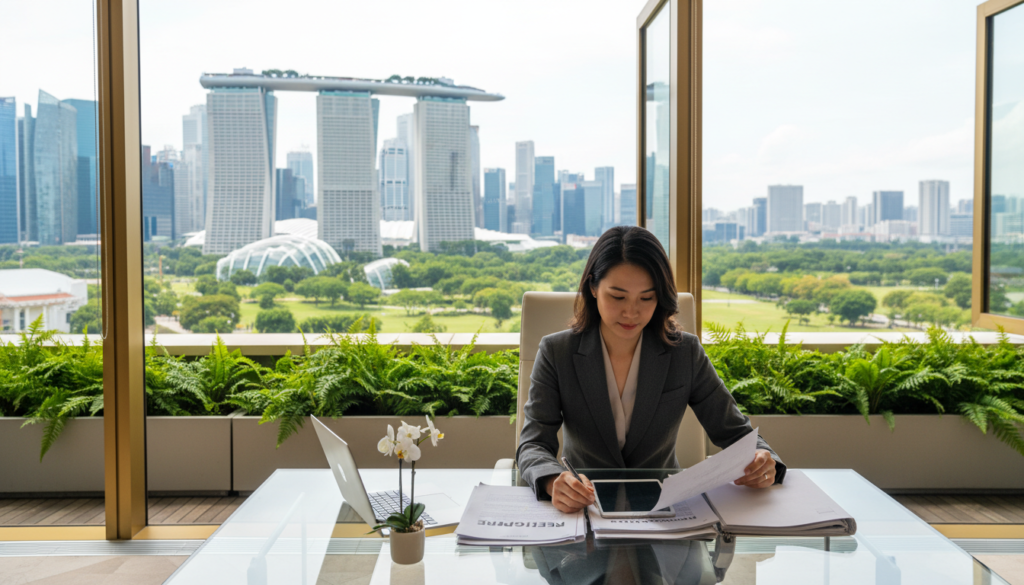 A bustling Singaporean office scene set in a modern financial district, capturing the essence of international business. In the foreground, a professional woman in a tailored business suit is reviewing documents labeled "Received in Singapore" at her sleek glass desk, her expression focused and thoughtful. In the middle ground, an open window reveals the iconic Marina Bay Sands building under bright daylight, with city skyscrapers lining the horizon. Soft, diffused natural light floods the space, creating a warm and welcoming atmosphere. The background features lush greenery from a nearby park, reinforcing Singapore's reputation as a green city. The overall mood is one of success and professionalism, showcasing the importance of the semi-territorial tax system in a vibrant, contemporary setting, all with a photorealistic finish.