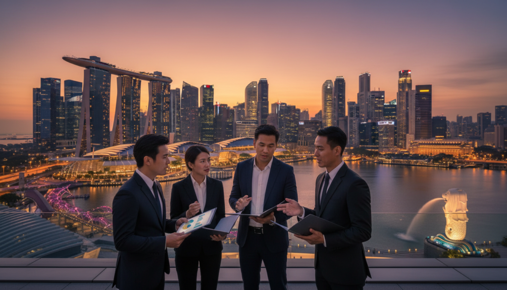 A bustling Singaporean skyline at dusk, with iconic skyscrapers such as Marina Bay Sands and the Financial District glowing under the soft orange and purple hues of the sunset. In the foreground, a diverse group of professionals dressed in smart business attire engages in a dynamic discussion, holding documents and a tablet, symbolizing collaborative tax planning. The middle ground features a beautifully lit waterfront with modern architecture reflecting on the calm waters, while Singapore's famous Merlion statue subtly peeks from the side. The background showcases the vibrant city lights coming to life, creating an atmosphere of opportunity and professionalism. The image is captured using a wide-angle lens to enhance the expanse of the city, with clarity and a shallow depth of field emphasizing the foreground activity.