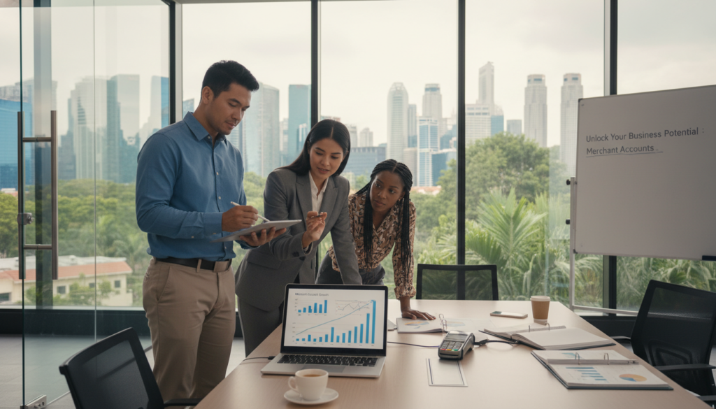 A bustling modern office environment in Singapore, featuring a diverse group of three professionals engaged in a discussion about merchant accounts. In the foreground, a woman in a tailored business suit points at a laptop screen displaying financial graphs. Beside her, a man in smart casual attire takes notes on a tablet. The middle ground shows glass walls with a view of the city's iconic skyline, lush greenery visible outside. The background includes a sleek conference table with financial documents and a payment terminal. Soft, natural lighting filters in, creating an inviting and productive atmosphere. The angle is slightly elevated, capturing both the individuals' engagement and the vibrant office space, emphasizing the importance of having a merchant account. Photorealistic detail brings the scene to life.