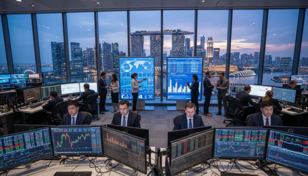 A bustling modern office environment represents APAC trade operations, featuring a sleek, glass-walled trading floor filled with professional individuals in business attire focused on their tasks. In the foreground, a diverse team of traders, including men and women of various ethnicities, engage with advanced screens displaying live foreign exchange data and global market trends. The middle ground showcases interactive digital displays, graphs, and charts illuminated by bright, cool-toned lighting. In the background, a panoramic view of Singapore's skyline can be seen through large windows, with the iconic Marina Bay Sands and skyscrapers against a twilight sky. The mood is dynamic and energetic, capturing the urgency and sophistication of FX management during APAC trading hours. Use a wide-angle lens to emphasize depth and perspective.