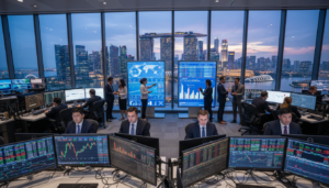 A bustling modern office environment represents APAC trade operations, featuring a sleek, glass-walled trading floor filled with professional individuals in business attire focused on their tasks. In the foreground, a diverse team of traders, including men and women of various ethnicities, engage with advanced screens displaying live foreign exchange data and global market trends. The middle ground showcases interactive digital displays, graphs, and charts illuminated by bright, cool-toned lighting. In the background, a panoramic view of Singapore's skyline can be seen through large windows, with the iconic Marina Bay Sands and skyscrapers against a twilight sky. The mood is dynamic and energetic, capturing the urgency and sophistication of FX management during APAC trading hours. Use a wide-angle lens to emphasize depth and perspective.