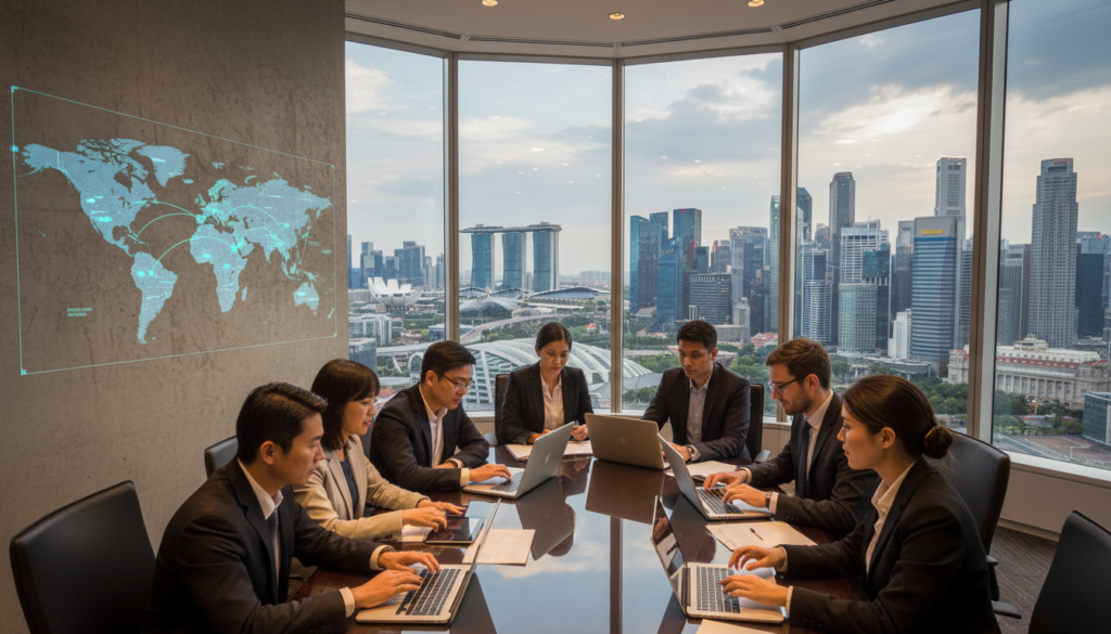 A bustling, modern office in Singapore with a large panoramic window showcasing the vibrant city skyline. In the foreground, a diverse group of professionals in business attire—men and women of various ethnic backgrounds—collaborate around a sleek conference table filled with laptops and documents. In the middle ground, a digital map of the world is projected on the wall, highlighting various countries, symbolizing global connections. The background features iconic Singapore architecture, such as the Marina Bay Sands, reflecting a dynamic atmosphere of international business. Soft, natural lighting floods the scene, creating an inviting and productive mood, captured from a slight angle to emphasize both the teamwork and the stunning view. A bustling, modern office in Singapore with a large panoramic window showcasing the vibrant city skyline. In the foreground, a diverse group of professionals in business attire—men and women of various ethnic backgrounds—collaborate around a sleek conference table filled with laptops and documents. In the middle ground, a digital map of the world is projected on the wall, highlighting various countries, symbolizing global connections. The background features iconic Singapore architecture, such as the Marina Bay Sands, reflecting a dynamic atmosphere of international business. Soft, natural lighting floods the scene, creating an inviting and productive mood, captured from a slight angle to emphasize both the teamwork and the stunning view.