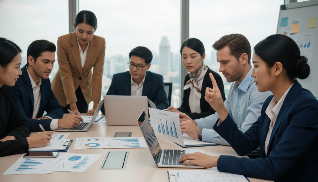 A bustling office environment illustrating cross-border payroll, with a diverse group of professionals in business attire, engaged in discussion around a large table filled with documents and laptops. In the foreground, a confident woman raises a finger, emphasizing a point about compliance regulations. In the middle, two colleagues of different ethnicities analyze charts and graphs on a laptop, showcasing data related to international payroll. The background features a large window with a cityscape of Singapore, with soft natural light flooding in, creating a warm, collaborative atmosphere. The image has a photorealistic quality, with a focus on details in facial expressions and the professionalism in attire, capturing the challenges and dynamics of remote company operations across borders. A bustling office environment illustrating cross-border payroll, with a diverse group of professionals in business attire, engaged in discussion around a large table filled with documents and laptops. In the foreground, a confident woman raises a finger, emphasizing a point about compliance regulations. In the middle, two colleagues of different ethnicities analyze charts and graphs on a laptop, showcasing data related to international payroll. The background features a large window with a cityscape of Singapore, with soft natural light flooding in, creating a warm, collaborative atmosphere. The image has a photorealistic quality, with a focus on details in facial expressions and the professionalism in attire, capturing the challenges and dynamics of remote company operations across borders.
