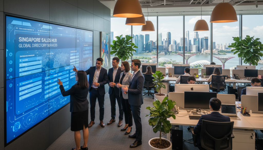 A bustling office environment showcasing a modern sales directory services setup in Singapore. In the foreground, a diverse group of professionals in smart business attire is engaged in discussions, pointing at a large digital display showing an interactive directory. The middle section features sleek workstations with laptops, vibrant plants, and modern decor, emphasizing an energetic atmosphere. In the background, the iconic skyline of Singapore is visible through large windows, highlighting the city’s vibrant business landscape. The lighting is bright and inviting, creating a warm and productive mood. The scene is captured from a slightly elevated angle to provide a comprehensive view of the workspace and city backdrop, creating a photorealistic representation of contemporary sales operations services. A bustling office environment showcasing a modern sales directory services setup in Singapore. In the foreground, a diverse group of professionals in smart business attire is engaged in discussions, pointing at a large digital display showing an interactive directory. The middle section features sleek workstations with laptops, vibrant plants, and modern decor, emphasizing an energetic atmosphere. In the background, the iconic skyline of Singapore is visible through large windows, highlighting the city’s vibrant business landscape. The lighting is bright and inviting, creating a warm and productive mood. The scene is captured from a slightly elevated angle to provide a comprehensive view of the workspace and city backdrop, creating a photorealistic representation of contemporary sales operations services.
