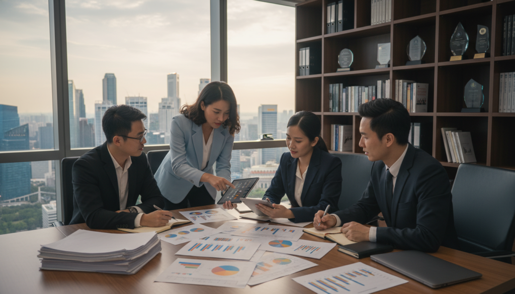 A bustling office environment with an Asian professional team engaged in market research activities. In the foreground, a diverse group of businesspeople, dressed in smart business attire, is gathered around a large table filled with charts, laptops, and analytical reports. One person is pointing at a digital tablet displaying market data, while another is taking notes. The middle ground features an office setting with large windows showing a view of Singapore's skyline, enhancing the atmosphere of professionalism and growth. The background displays shelves with books and awards, signifying a well-established company. The scene is illuminated by soft, natural lighting that creates a collaborative and focused ambiance. Capture this moment from a slightly elevated angle to convey activity and engagement.