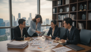 A bustling office environment with an Asian professional team engaged in market research activities. In the foreground, a diverse group of businesspeople, dressed in smart business attire, is gathered around a large table filled with charts, laptops, and analytical reports. One person is pointing at a digital tablet displaying market data, while another is taking notes. The middle ground features an office setting with large windows showing a view of Singapore's skyline, enhancing the atmosphere of professionalism and growth. The background displays shelves with books and awards, signifying a well-established company. The scene is illuminated by soft, natural lighting that creates a collaborative and focused ambiance. Capture this moment from a slightly elevated angle to convey activity and engagement.