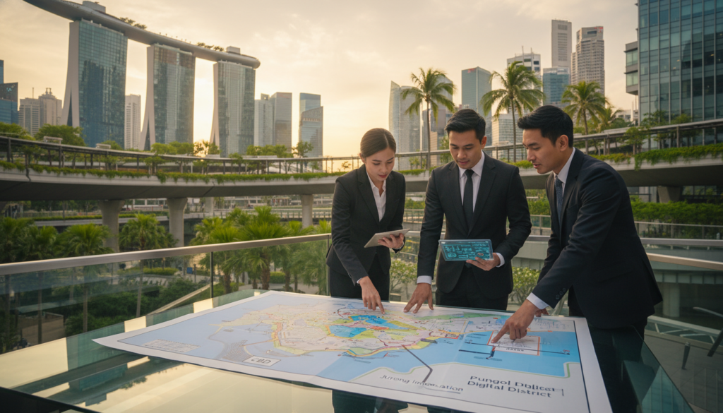 A bustling skyline of Singapore is depicted in the background, showcasing iconic buildings like Marina Bay Sands and the Merlion, symbolizing a strategic business hub. In the foreground, a diverse group of three professionals in smart business attire are engaged in a discussion, analyzing a map that highlights key business districts. The middle ground features lush greenery and modern office spaces, suggesting a blend of nature and urban development. The scene is illuminated by warm sunlight, casting soft shadows to create an inviting atmosphere. Use a wide-angle lens to capture the dynamic conversation while maintaining focus on the skyline, conveying a sense of opportunity and growth in this strategic location for subsidiary incorporation. Photorealistic quality enhances the realism of the bustling environment.