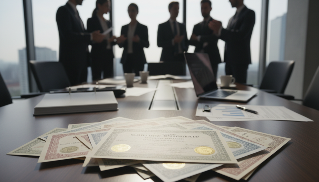 A close-up view of a beautifully arranged stack of colorful shares certificates displayed prominently in the foreground, symbolizing ownership and governance. In the middle, a sleek, modern conference table strewn with legal documents and a laptop, suggesting an active decision-making environment. In the background, blurred silhouettes of professionals in business attire engaged in discussion, reflecting collaboration and strategy. The lighting is bright and professional, highlighting the shares while casting soft shadows for depth. The overall mood is dynamic and focused, capturing the essence of corporate governance and operational decision-making in a bustling office setting. Photorealistic style with rich details and textures, shot from a slight angle to create depth and interest. A close-up view of a beautifully arranged stack of colorful shares certificates displayed prominently in the foreground, symbolizing ownership and governance. In the middle, a sleek, modern conference table strewn with legal documents and a laptop, suggesting an active decision-making environment. In the background, blurred silhouettes of professionals in business attire engaged in discussion, reflecting collaboration and strategy. The lighting is bright and professional, highlighting the shares while casting soft shadows for depth. The overall mood is dynamic and focused, capturing the essence of corporate governance and operational decision-making in a bustling office setting. Photorealistic style with rich details and textures, shot from a slight angle to create depth and interest.