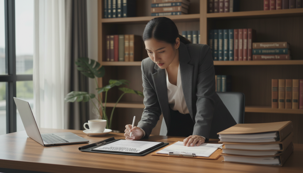 A detailed and organized workspace featuring a checklist titled "Remote Employees Compliance Singapore Checklist for Employment Laws and Contracts." In the foreground, a clean wooden desk with a digital tablet displaying the checklist, surrounded by a sleek, modern laptop, a cup of coffee, and a stack of legal documents. In the middle, soft natural light filters through a large window, casting gentle shadows across the scene. A professional business person, dressed in smart attire—such as a tailored suit or blouse—analyzing the checklist in a focused manner. In the background, blurred bookshelves filled with law books and a small plant adding a touch of greenery, creating a professional yet inviting atmosphere. The entire scene should evoke a sense of seriousness and attention to detail, characteristic of compliance and legal matters. Photorealistic style.