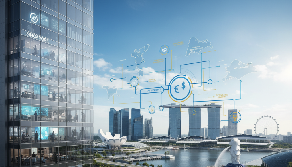 A detailed illustration of a cross-border tax planning structure in Singapore, featuring a modern office building as the foreground, symbolizing corporate entities. In the middle ground, flowcharts showcasing financial flows and connections between different countries, depicted with arrows and lines, can be seen. The background features a skyline of Singapore with iconic landmarks such as Marina Bay Sands and the Merlion, under a clear blue sky. Professional business individuals in smart attire are engaged in discussions, analyzing documents and digital screens with graphs. Soft, natural lighting enhances the scene, creating a professional and focused atmosphere. The composition should have a slight perspective angle, emphasizing the interconnectedness of the entities, flows, and substances in international tax planning. A detailed illustration of a cross-border tax planning structure in Singapore, featuring a modern office building as the foreground, symbolizing corporate entities. In the middle ground, flowcharts showcasing financial flows and connections between different countries, depicted with arrows and lines, can be seen. The background features a skyline of Singapore with iconic landmarks such as Marina Bay Sands and the Merlion, under a clear blue sky. Professional business individuals in smart attire are engaged in discussions, analyzing documents and digital screens with graphs. Soft, natural lighting enhances the scene, creating a professional and focused atmosphere. The composition should have a slight perspective angle, emphasizing the interconnectedness of the entities, flows, and substances in international tax planning.