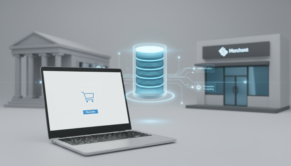 A detailed infographic illustrating the payment gateway process from checkout to settlement. In the foreground, depict a digital checkout interface on a sleek laptop with a shopping cart icon. In the middle layer, show a flow of data represented by glowing arrows moving from the laptop to a secure payment server, highlighting steps like authentication and transaction processing. In the background, illustrate a bank building and a merchant storefront to signify involved parties. The scene is well-lit with a professional ambiance, using a soft focus in the background and crisp details in the foreground, creating a sense of clarity and modern technology. Aim for a photorealistic style to enhance the technical nature of the illustration, ensuring all elements flow harmoniously together without any text or branding.