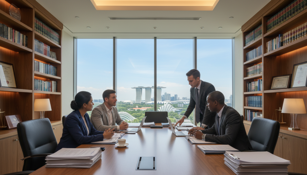A detailed, photorealistic illustration of a modern legal office environment, emphasizing a professional and sophisticated atmosphere. In the foreground, a diverse group of three business professionals (a South Asian woman, a Caucasian man, and a Black man) are engaged in a discussion around a large, sleek conference table covered with legal documents and laptops. The middle ground features a large, glass wall with a view of Singapore's skyline, showcasing iconic buildings and greenery, symbolizing the context of foreign shareholder rights. The background consists of law books and framed certificates on the walls, with soft, warm lighting to create an inviting yet formal mood. The scene is shot from a low angle to emphasize the professionals' engagement and the grandeur of the setting. A detailed, photorealistic illustration of a modern legal office environment, emphasizing a professional and sophisticated atmosphere. In the foreground, a diverse group of three business professionals (a South Asian woman, a Caucasian man, and a Black man) are engaged in a discussion around a large, sleek conference table covered with legal documents and laptops. The middle ground features a large, glass wall with a view of Singapore's skyline, showcasing iconic buildings and greenery, symbolizing the context of foreign shareholder rights. The background consists of law books and framed certificates on the walls, with soft, warm lighting to create an inviting yet formal mood. The scene is shot from a low angle to emphasize the professionals' engagement and the grandeur of the setting.