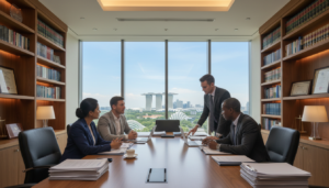 A detailed, photorealistic illustration of a modern legal office environment, emphasizing a professional and sophisticated atmosphere. In the foreground, a diverse group of three business professionals (a South Asian woman, a Caucasian man, and a Black man) are engaged in a discussion around a large, sleek conference table covered with legal documents and laptops. The middle ground features a large, glass wall with a view of Singapore's skyline, showcasing iconic buildings and greenery, symbolizing the context of foreign shareholder rights. The background consists of law books and framed certificates on the walls, with soft, warm lighting to create an inviting yet formal mood. The scene is shot from a low angle to emphasize the professionals' engagement and the grandeur of the setting.