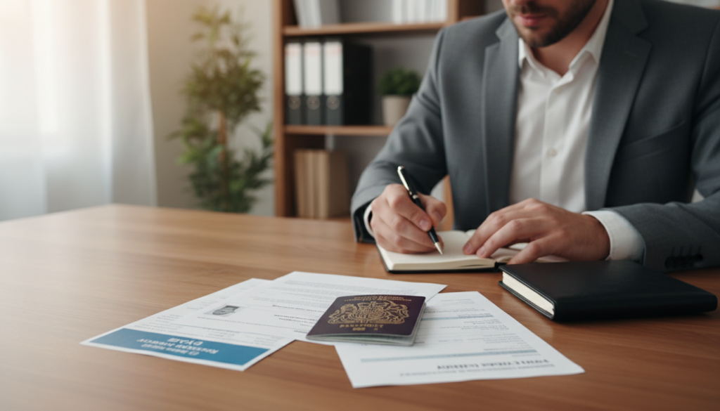 A detailed scene depicting KYC documents and details essential for a business account setup. In the foreground, there are neatly arranged documents including a passport, utility bill, and bank statement, showcasing clear identification and address proof, all laid on a polished wooden desk. In the middle, a professional person in business attire is reviewing the documents with a focused expression, holding a pen and notepad, symbolizing diligence in the verification process. The background features a softly blurred office environment, with subtle warm lighting that creates a welcoming atmosphere. The image should be photorealistic, captured from a slight angle to emphasize the documents and the individual’s engagement with them, illuminated by natural light filtering through a nearby window. A detailed scene depicting KYC documents and details essential for a business account setup. In the foreground, there are neatly arranged documents including a passport, utility bill, and bank statement, showcasing clear identification and address proof, all laid on a polished wooden desk. In the middle, a professional person in business attire is reviewing the documents with a focused expression, holding a pen and notepad, symbolizing diligence in the verification process. The background features a softly blurred office environment, with subtle warm lighting that creates a welcoming atmosphere. The image should be photorealistic, captured from a slight angle to emphasize the documents and the individual’s engagement with them, illuminated by natural light filtering through a nearby window.
