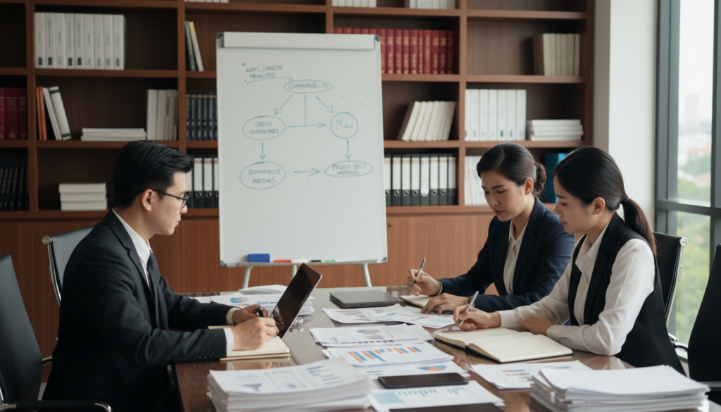 A detailed transfer pricing audit scene in an office environment, featuring a diverse group of three professionals in formal business attire, engaged in a discussion around a large table strewn with financial documents, graphs, and laptops. In the foreground, one person points to a financial report, while another takes notes, emphasizing collaboration and scrutiny in the audit process. The middle area showcases a large whiteboard filled with diagrams illustrating transfer pricing concepts. The background includes bookshelves lined with accounting and business law texts, with soft natural lighting filtering through a window, creating a focused and serious atmosphere. The overall mood conveys professionalism and diligence in the context of financial audits. Photorealistic image with a depth of field effect, shot from a slightly elevated angle to capture the entire scene effectively.
