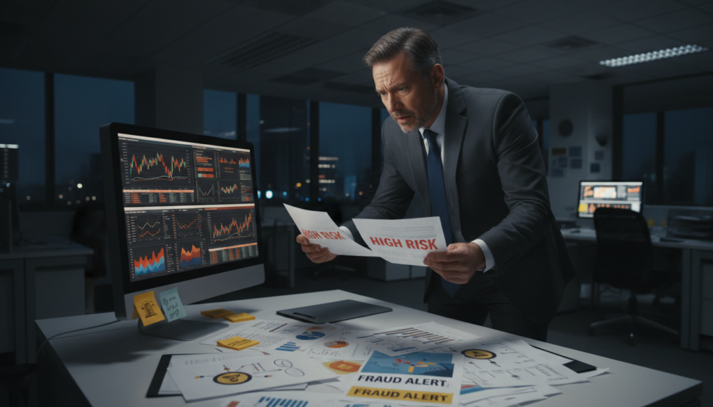A dimly lit office environment with a focus on a cluttered desk featuring a computer screen displaying spreadsheets and financial graphs. In the foreground, a middle-aged professional wearing a formal suit with a concerned expression reviews documents labeled "High Risk" and "Fraud Alert". In the middle ground, papers scattered about include warning signs and alarm symbols, representing the complexities of fraud detection. The background shows a dimly lit, modern-style office with shadows creating a tense atmosphere. Soft overhead lighting casts an anxious mood, highlighting the intricate details of the documents. The scene should convey urgency and seriousness, emphasizing the financial stakes associated with high-risk classifications. Photorealistic rendering with sharp focus on the expressions and documents.
