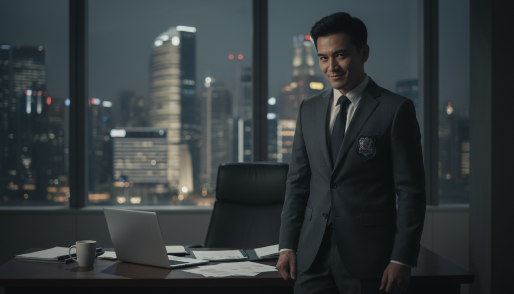 A dimly lit office setting with a professional-looking individual in sharp business attire, wearing a fake police badge, standing confidently behind a desk cluttered with a laptop and some documents. The person has a slightly suspicious expression, suggesting a deceitful intent. In the background, a blurred view of a city skyline through a window reflects the atmosphere of modern Singapore. The lighting casts subtle shadows that enhance the mood of tension and caution. The camera angle is slightly low, emphasizing the individual’s stature while hinting at the deceptive nature of the scenario. The overall aesthetic is photorealistic, capturing the seriousness of the situation without any text or distractions.