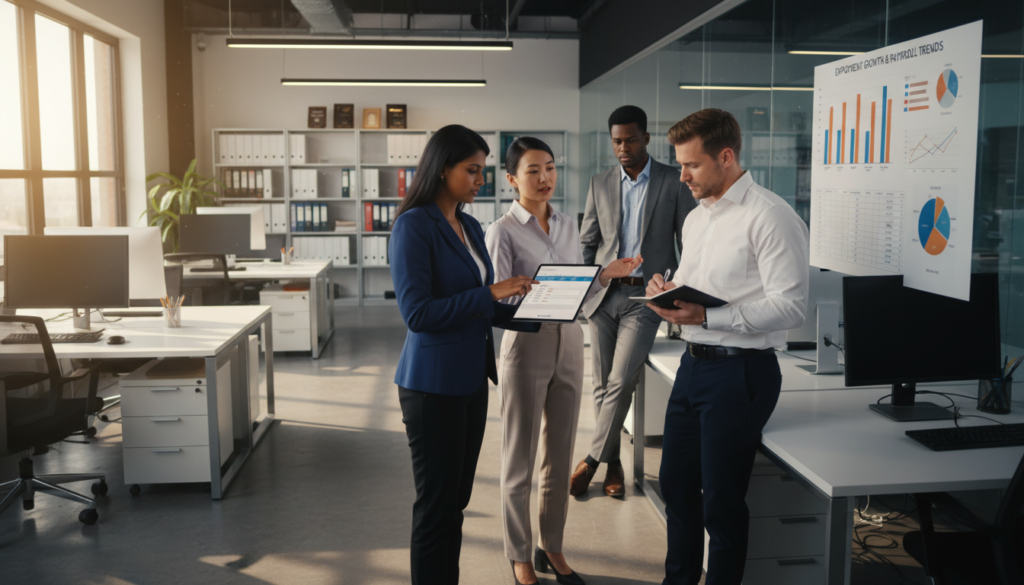A dynamic office scene illustrating payroll and employment processes, featuring a diverse group of four professionals engaged in a discussion. In the foreground, a South Asian woman in a tailored blazer points at a digital tablet displaying payroll data. Beside her, a Caucasian man in a crisp shirt takes notes, and an East Asian woman, dressed in business casual attire, gestures towards a wall chart with employment statistics. In the background, shelves filled with files and financial documents. The atmosphere is focused and collaborative, with warm, natural lighting filtering through large windows, casting soft shadows. Use a wide-angle lens perspective to enhance the spaciousness of the modern office environment, creating a photorealistic image that conveys professionalism and teamwork. A dynamic office scene illustrating payroll and employment processes, featuring a diverse group of four professionals engaged in a discussion. In the foreground, a South Asian woman in a tailored blazer points at a digital tablet displaying payroll data. Beside her, a Caucasian man in a crisp shirt takes notes, and an East Asian woman, dressed in business casual attire, gestures towards a wall chart with employment statistics. In the background, shelves filled with files and financial documents. The atmosphere is focused and collaborative, with warm, natural lighting filtering through large windows, casting soft shadows. Use a wide-angle lens perspective to enhance the spaciousness of the modern office environment, creating a photorealistic image that conveys professionalism and teamwork.