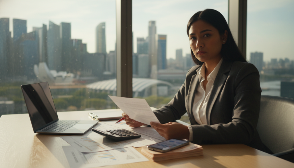 A focused scene depicting a business professional, dressed in smart business attire, seated at a modern, stylish desk cluttered with important documents, a laptop, and a calculator. In the foreground, the professional is intently reviewing an expense report, exuding determination and concern, with a slight furrow in their brow. The middle ground features a well-organized workspace with stacks of bills and a smartphone displaying a bank app, highlighting their effort to manage essential expenses. In the background, a window reveals a view of Singapore's skyline bathed in soft afternoon light, creating a calm yet urgent atmosphere. The image should be photorealistic, with warm lighting and a shallow depth of field that softly blurs the background, enhancing the focus on the subject.