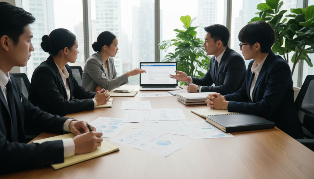 A group of diverse professionals, dressed in smart business attire, gathered around a large wooden conference table, intently working on drafting a company constitution. In the foreground, close-up shots of a hand writing on a legal pad, papers strewn about with diagrams and notes. In the middle, the group discusses animatedly, some pointing at a laptop displaying a digital document, others reviewing printed templates. The background shows a bright, modern office with large windows letting in natural light, green plants adding a refreshing touch. The atmosphere is focused yet collaborative, conveying a sense of importance and creativity in creating a unique constitution tailored to their business needs. Photorealistic details emphasize expression and professionalism, with soft lighting accentuating the scene. A group of diverse professionals, dressed in smart business attire, gathered around a large wooden conference table, intently working on drafting a company constitution. In the foreground, close-up shots of a hand writing on a legal pad, papers strewn about with diagrams and notes. In the middle, the group discusses animatedly, some pointing at a laptop displaying a digital document, others reviewing printed templates. The background shows a bright, modern office with large windows letting in natural light, green plants adding a refreshing touch. The atmosphere is focused yet collaborative, conveying a sense of importance and creativity in creating a unique constitution tailored to their business needs. Photorealistic details emphasize expression and professionalism, with soft lighting accentuating the scene.