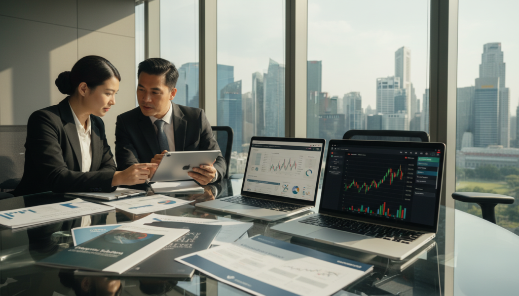 A modern Singapore banking office interior focused on high-risk business banking. In the foreground, a sleek, glass table displaying a variety of business accounts options, including brochures and laptops showing financial services. In the middle ground, two professionals in smart business attire discussing over a digital tablet, displaying an analytical graph. The background features a large window overlooking the iconic Singapore skyline, bathed in soft natural sunlight, casting shadows that create a dynamic interplay of light and architecture. The atmosphere is vibrant yet professional, conveying a sense of trust and innovation in financial services. The image should be photorealistic, capturing the details of the office setting and the expressions of the individuals engaged in discussion.