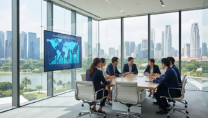A modern Singapore branch office interior, showcasing sleek, minimalist design with glass walls and contemporary furniture. In the foreground, a professional business meeting is taking place with a diverse group of individuals dressed in smart business attire, engaged in discussion around a large conference table. The middle ground features a high-tech presentation screen displaying a world map and financial graphs, creating an atmosphere of productivity and collaboration. In the background, large windows reveal the iconic Singapore skyline with tall skyscrapers and greenery, bathed in natural light. The scene conveys a professional and dynamic mood, highlighting the business environment in Singapore. The image is photorealistic, with vibrant colors and sharp details that enhance the overall setting.
