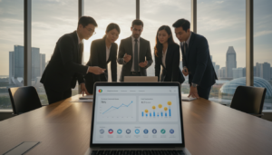 A modern and sleek digital payment interface displayed on a laptop screen in the foreground, featuring graphs illustrating checkout conversion rates and user satisfaction. In the middle ground, a diverse group of professional individuals, all dressed in business attire, gather around the laptop, discussing the significance of digital payments for their remote business strategies. In the background, a vibrant Singapore skyline is visible, symbolizing the thriving tech landscape. Warm, natural light filters in through a large window, creating a bright and inviting atmosphere. The overall mood is one of innovation and collaboration, capturing the essence of how digital payments are transforming the business landscape in Singapore today.