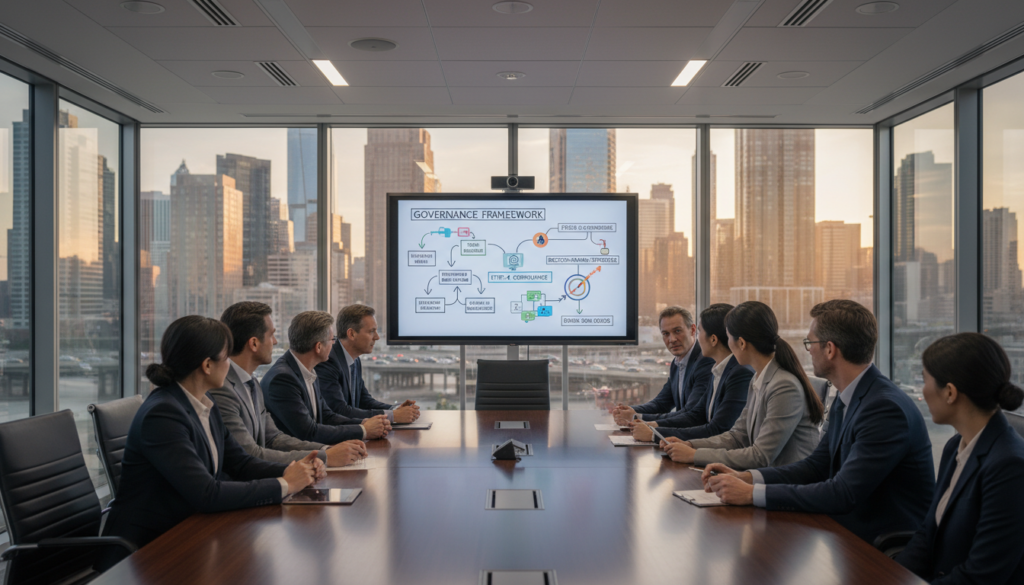 A modern boardroom setting for corporate governance, featuring a polished wooden conference table in the foreground surrounded by diverse professionals dressed in business attire. The individuals, including both men and women of various ethnicities, are engaged in an active discussion, illustrating collaboration and decision-making. In the middle ground, a large whiteboard displays governance frameworks and procedures in stylish graphics. The background features floor-to-ceiling windows with a city skyline view, allowing natural light to flood the room, creating an inviting atmosphere. Use a wide-angle lens to capture the spaciousness and professionalism of the scene, with soft lighting to enhance the focus on teamwork. Aim for a photorealistic representation, evoking a sense of clarity and purpose in corporate governance.