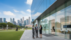 A modern branch office in Singapore featuring sleek glass architecture and a vibrant cityscape in the background. In the foreground, a diverse group of three professionals dressed in smart business attire are engaged in a discussion outside the office, with a city park nearby. The middle layer showcases the office’s entrance with large glass doors and a welcoming lobby view visible through the windows. The background reveals iconic Singaporean architecture, such as the Marina Bay Sands and lush greenery, under clear blue skies with soft, natural daylight illuminating the scene. The overall mood is professional and collaborative, emphasizing innovation and international business connections. A wide-angle lens perspective enhances the sense of space and activity.