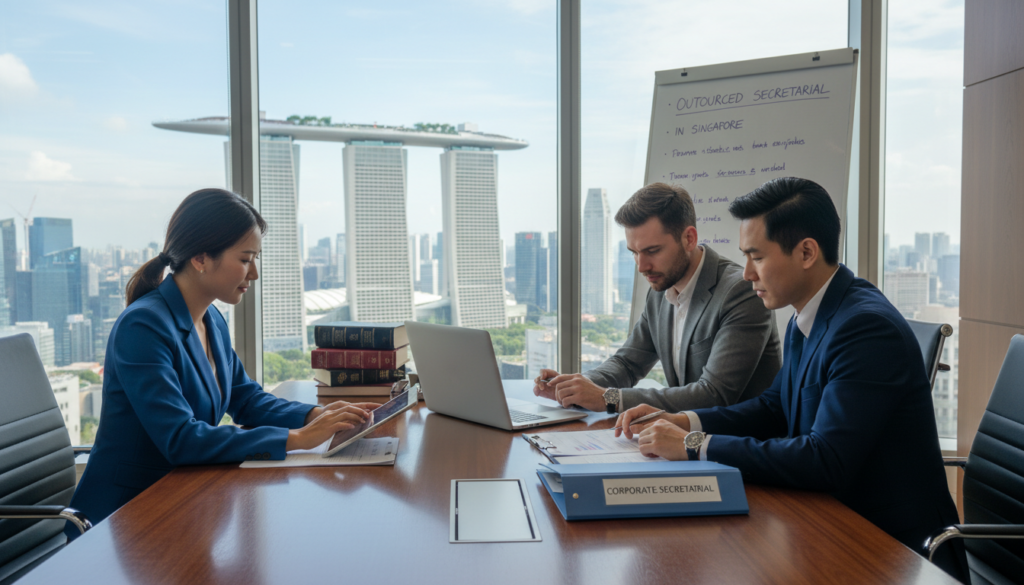A modern corporate office scene depicting a professional business meeting focused on outsourced corporate secretarial services in Singapore. In the foreground, a diverse group of three business professionals—one woman in a tailored blazer and two men in smart suits—are engaged in discussion, examining documents and digital tablets. The middle ground features a sleek conference table with a laptop, charts, and legal documents. The background showcases large windows with a view of Singapore’s skyline, with the iconic Marina Bay Sands peeking through. The lighting is bright and natural, creating a productive atmosphere, while the camera angle is slightly elevated, capturing the collaborative energy of the meeting. The overall mood conveys professionalism, trust, and efficiency in corporate services. A modern corporate office scene depicting a professional business meeting focused on outsourced corporate secretarial services in Singapore. In the foreground, a diverse group of three business professionals—one woman in a tailored blazer and two men in smart suits—are engaged in discussion, examining documents and digital tablets. The middle ground features a sleek conference table with a laptop, charts, and legal documents. The background showcases large windows with a view of Singapore’s skyline, with the iconic Marina Bay Sands peeking through. The lighting is bright and natural, creating a productive atmosphere, while the camera angle is slightly elevated, capturing the collaborative energy of the meeting. The overall mood conveys professionalism, trust, and efficiency in corporate services.