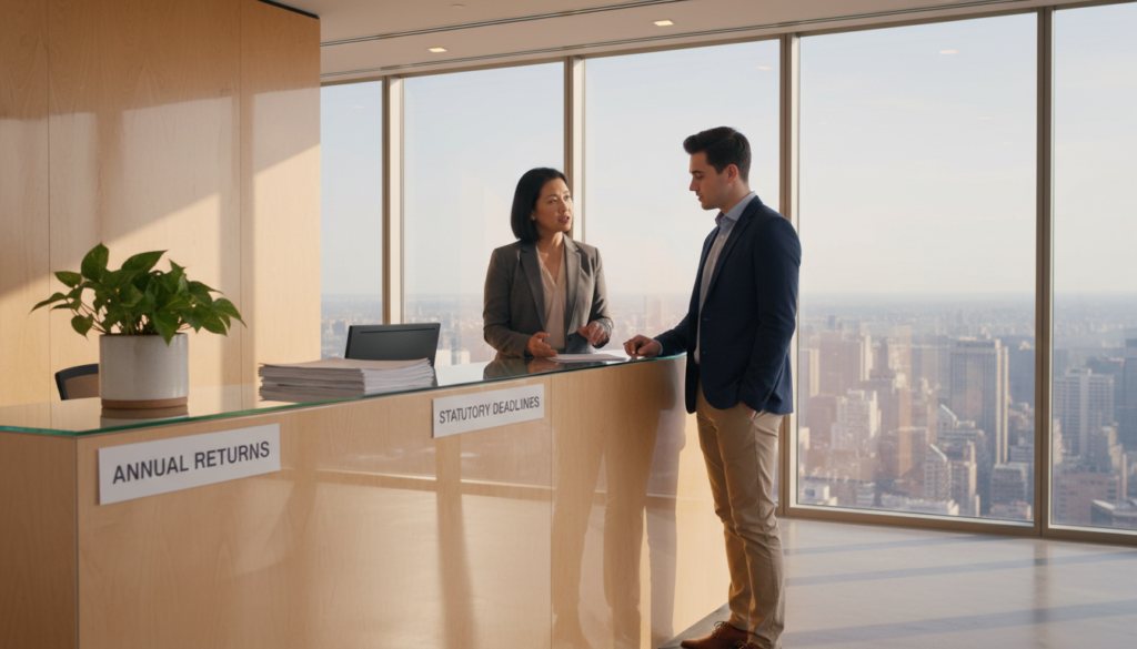 A modern corporate office setting, designed with minimalist aesthetics, showcasing a sleek reception area. In the foreground, a polished wooden reception desk with a potted plant and a neatly organized stack of documents labeled as “Annual Returns” and “Statutory Deadlines.” In the middle ground, a well-dressed business professional, a middle-aged Asian woman in formal attire, standing next to the desk, discussing with a young man in a smart casual outfit. The background features large windows allowing natural light to flood in, highlighting a city skyline. Soft ambient lighting casts a warm glow on the space, creating a professional yet inviting atmosphere. The scene conveys a sense of urgency and focus on business responsibilities without any distractions. A modern corporate office setting, designed with minimalist aesthetics, showcasing a sleek reception area. In the foreground, a polished wooden reception desk with a potted plant and a neatly organized stack of documents labeled as “Annual Returns” and “Statutory Deadlines.” In the middle ground, a well-dressed business professional, a middle-aged Asian woman in formal attire, standing next to the desk, discussing with a young man in a smart casual outfit. The background features large windows allowing natural light to flood in, highlighting a city skyline. Soft ambient lighting casts a warm glow on the space, creating a professional yet inviting atmosphere. The scene conveys a sense of urgency and focus on business responsibilities without any distractions.