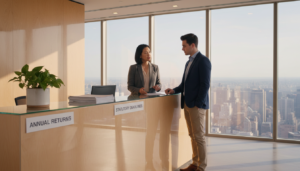 A modern corporate office setting, designed with minimalist aesthetics, showcasing a sleek reception area. In the foreground, a polished wooden reception desk with a potted plant and a neatly organized stack of documents labeled as “Annual Returns” and “Statutory Deadlines.” In the middle ground, a well-dressed business professional, a middle-aged Asian woman in formal attire, standing next to the desk, discussing with a young man in a smart casual outfit. The background features large windows allowing natural light to flood in, highlighting a city skyline. Soft ambient lighting casts a warm glow on the space, creating a professional yet inviting atmosphere. The scene conveys a sense of urgency and focus on business responsibilities without any distractions.