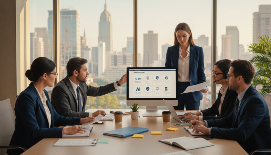 A modern corporate office setting featuring a diverse group of professionals collaborating on opening a corporate bank account. In the foreground, a confident businesswoman dressed in a tailored blazer is reviewing documents with a focused expression. Next to her, a man in a sharp suit points at a computer screen displaying banking options. In the middle ground, a well-organized conference table is scattered with paperwork and laptops, emphasizing the operational setup process. The background showcases large windows letting in natural light, revealing a city skyline. The atmosphere is one of professionalism and diligence, with a warm, inviting color palette. The image should have a photorealistic style, captured from a slightly elevated angle to highlight the teamwork in action. A modern corporate office setting featuring a diverse group of professionals collaborating on opening a corporate bank account. In the foreground, a confident businesswoman dressed in a tailored blazer is reviewing documents with a focused expression. Next to her, a man in a sharp suit points at a computer screen displaying banking options. In the middle ground, a well-organized conference table is scattered with paperwork and laptops, emphasizing the operational setup process. The background showcases large windows letting in natural light, revealing a city skyline. The atmosphere is one of professionalism and diligence, with a warm, inviting color palette. The image should have a photorealistic style, captured from a slightly elevated angle to highlight the teamwork in action.