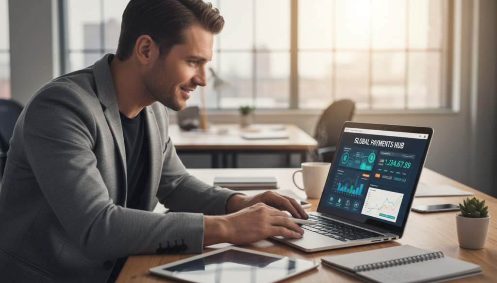 A modern digital workspace scene showcasing a sleek payment gateway platform interface on a laptop screen, with focus on vibrant financial graphics and icons. In the foreground, a business professional in smart casual attire is engaged with the laptop, displaying a look of concentration and satisfaction. In the middle, a well-organized desk cluttered with digital devices, notebooks, and a smartphone, complements the tech-savvy ambiance. The background features a blurred, stylish office environment with soft, diffused lighting that creates a welcoming atmosphere. The scene is shot from a slightly elevated angle, emphasizing the laptop and the engagement of the professional, capturing a sense of innovation and productivity in the realm of international payment processing. A modern digital workspace scene showcasing a sleek payment gateway platform interface on a laptop screen, with focus on vibrant financial graphics and icons. In the foreground, a business professional in smart casual attire is engaged with the laptop, displaying a look of concentration and satisfaction. In the middle, a well-organized desk cluttered with digital devices, notebooks, and a smartphone, complements the tech-savvy ambiance. The background features a blurred, stylish office environment with soft, diffused lighting that creates a welcoming atmosphere. The scene is shot from a slightly elevated angle, emphasizing the laptop and the engagement of the professional, capturing a sense of innovation and productivity in the realm of international payment processing.