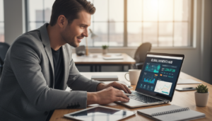 A modern digital workspace scene showcasing a sleek payment gateway platform interface on a laptop screen, with focus on vibrant financial graphics and icons. In the foreground, a business professional in smart casual attire is engaged with the laptop, displaying a look of concentration and satisfaction. In the middle, a well-organized desk cluttered with digital devices, notebooks, and a smartphone, complements the tech-savvy ambiance. The background features a blurred, stylish office environment with soft, diffused lighting that creates a welcoming atmosphere. The scene is shot from a slightly elevated angle, emphasizing the laptop and the engagement of the professional, capturing a sense of innovation and productivity in the realm of international payment processing.