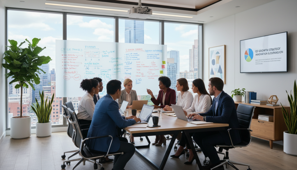 A modern meeting space designed for collaboration, showcasing a sleek conference table surrounded by ergonomic chairs. In the foreground, a professional group of diverse individuals in business attire is engaged in discussion, displaying focused expressions and using tech devices like laptops and tablets. The middle ground features a large whiteboard filled with colorful notes and diagrams, complemented by a projector screen displaying a digital presentation. The background reveals large windows with natural light flooding the room, illuminating contemporary decor with plants and art pieces. The atmosphere is vibrant and productive, with soft lighting creating a welcoming ambiance. The camera angle is slightly elevated, capturing the entire meeting space in photorealistic detail. A modern meeting space designed for collaboration, showcasing a sleek conference table surrounded by ergonomic chairs. In the foreground, a professional group of diverse individuals in business attire is engaged in discussion, displaying focused expressions and using tech devices like laptops and tablets. The middle ground features a large whiteboard filled with colorful notes and diagrams, complemented by a projector screen displaying a digital presentation. The background reveals large windows with natural light flooding the room, illuminating contemporary decor with plants and art pieces. The atmosphere is vibrant and productive, with soft lighting creating a welcoming ambiance. The camera angle is slightly elevated, capturing the entire meeting space in photorealistic detail.