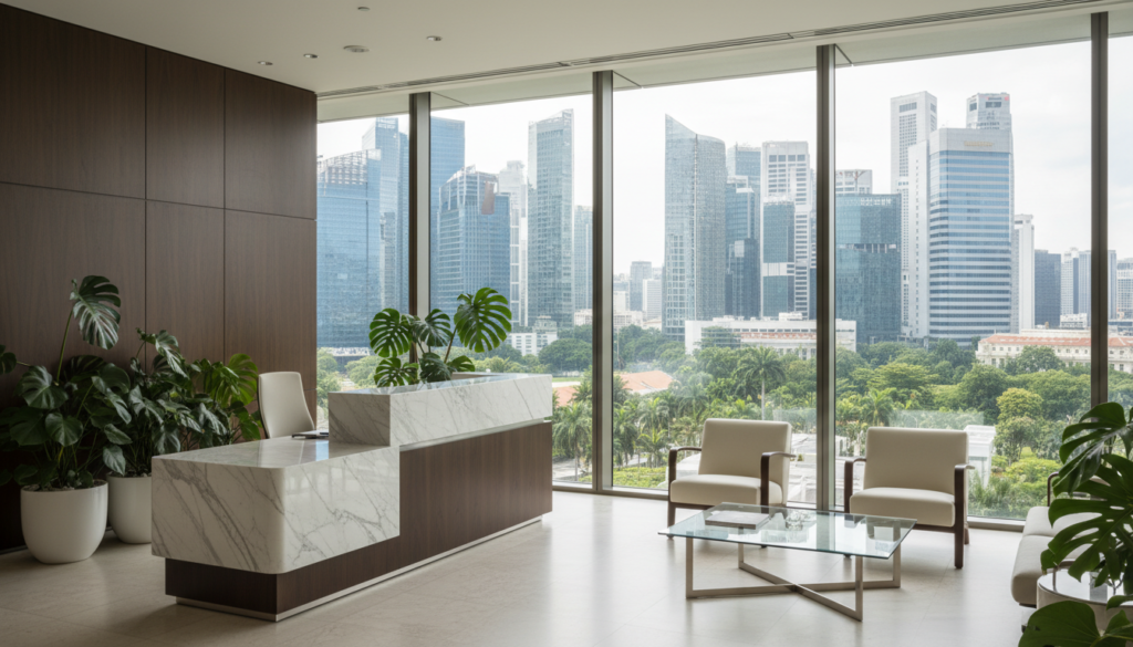 A modern office building in Singapore, conveying professional credibility and compliance. In the foreground, a chic reception area with elegant furniture, showcasing a stylish desk, potted plants, and a welcoming atmosphere. The middle of the composition features large glass windows revealing a bustling cityscape, with skyscrapers and greenery typical of Singapore. In the background, soft natural light floods the space, casting gentle shadows that emphasize the sleek design. The mood is professional yet inviting, with a sense of serenity amidst the urban hustle. The angle is slightly elevated, capturing both the interior's open layout and the vibrant city outside, creating a seamless connection between business and environment. No people are present, ensuring focus on the office setting, with an emphasis on clean lines and sophisticated decor.
