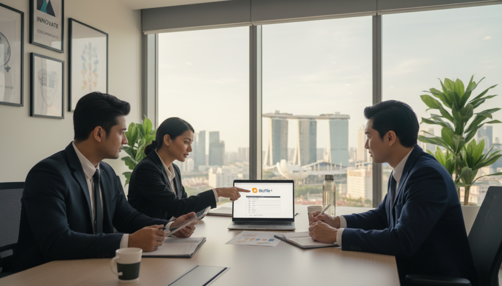 A modern office environment depicting a professional business setting focused on the "BizFile+ submission" process. In the foreground, a diverse group of three professionals—two men and one woman—dressed in smart business attire, are gathered around a sleek conference table. The woman is confidently pointing at a laptop screen displaying the BizFile+ interface, while the men attentively observe, taking notes. In the middle ground, a large window showcases a vibrant view of Singapore's skyline bathed in natural daylight, reflecting a sense of innovation and entrepreneurship. The background features a neatly organized office with plants and motivational artwork on the walls, enhancing a dynamic and collaborative atmosphere. The lighting should be bright and inviting, creating a focus on the professionals and their engagement with the digital submission process. A modern office environment depicting a professional business setting focused on the "BizFile+ submission" process. In the foreground, a diverse group of three professionals—two men and one woman—dressed in smart business attire, are gathered around a sleek conference table. The woman is confidently pointing at a laptop screen displaying the BizFile+ interface, while the men attentively observe, taking notes. In the middle ground, a large window showcases a vibrant view of Singapore's skyline bathed in natural daylight, reflecting a sense of innovation and entrepreneurship. The background features a neatly organized office with plants and motivational artwork on the walls, enhancing a dynamic and collaborative atmosphere. The lighting should be bright and inviting, creating a focus on the professionals and their engagement with the digital submission process.