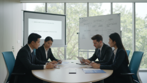 A modern office environment emphasizing workplace safety and compliance with PDPA regulations. In the foreground, a diverse group of four professionals—two men and two women—wearing business attire, are engaged in a safety training session around a conference table. They are reviewing safety compliance documents, depicting a collaborative atmosphere. The middle ground features a projector displaying key safety protocols and PDPA guidelines, alongside a whiteboard filled with diagrams related to workplace safety. In the background, large windows allow natural light to flood the space, with greenery visible outside, enhancing a positive workplace mood. The scene captures the seriousness of compliance with a photorealistic quality, using soft yet bright lighting to convey professionalism and focus.