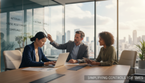 A modern office environment featuring a diverse group of three professionals engaged in a collaborative discussion around a large conference table. In the foreground, a focused Asian woman in professional attire analyzes reports on her laptop, while a middle-aged Caucasian man gestures towards a clear whiteboard with strategic diagrams. In the background, a glass wall reveals a bright view of the cityscape. Soft, natural light filters through the windows, creating a warm, inviting atmosphere. The overall mood is one of efficiency and teamwork, emphasizing the practical and accessible nature of internal controls for SMEs. A warm color palette of blues and greens enhances the professional yet approachable feel of the scene. Photorealistic style with sharp detail and a slight depth-of-field effect to draw attention to the subjects engaged in conversation.