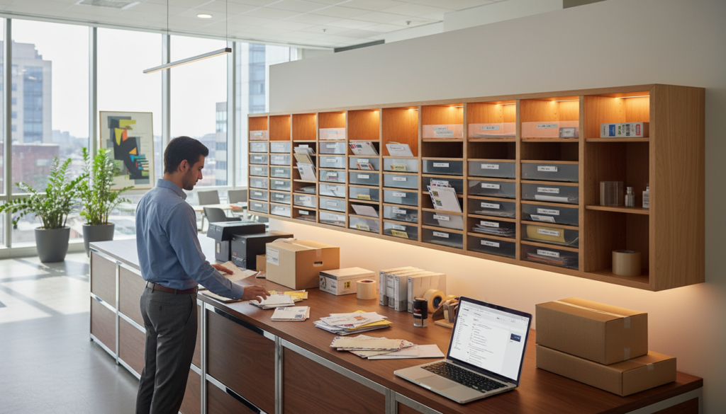 A modern office environment featuring a professional individual dressed in smart business attire, efficiently handling mail at a sleek reception desk. In the foreground, a wooden desk cluttered with packages, letters, and a laptop displaying notifications. In the middle ground, an organized shelf filled with mail slots and tools for sorting, with warm ambient lighting enhancing the focus on the task at hand. In the background, large windows allow natural light to flood the space, providing a welcoming atmosphere of productivity. The overall mood is efficient and professional, reflecting a seamless mail handling system within a virtual office setting, captured in stunning photorealism with a slightly elevated angle to emphasize the workspace. A modern office environment featuring a professional individual dressed in smart business attire, efficiently handling mail at a sleek reception desk. In the foreground, a wooden desk cluttered with packages, letters, and a laptop displaying notifications. In the middle ground, an organized shelf filled with mail slots and tools for sorting, with warm ambient lighting enhancing the focus on the task at hand. In the background, large windows allow natural light to flood the space, providing a welcoming atmosphere of productivity. The overall mood is efficient and professional, reflecting a seamless mail handling system within a virtual office setting, captured in stunning photorealism with a slightly elevated angle to emphasize the workspace.