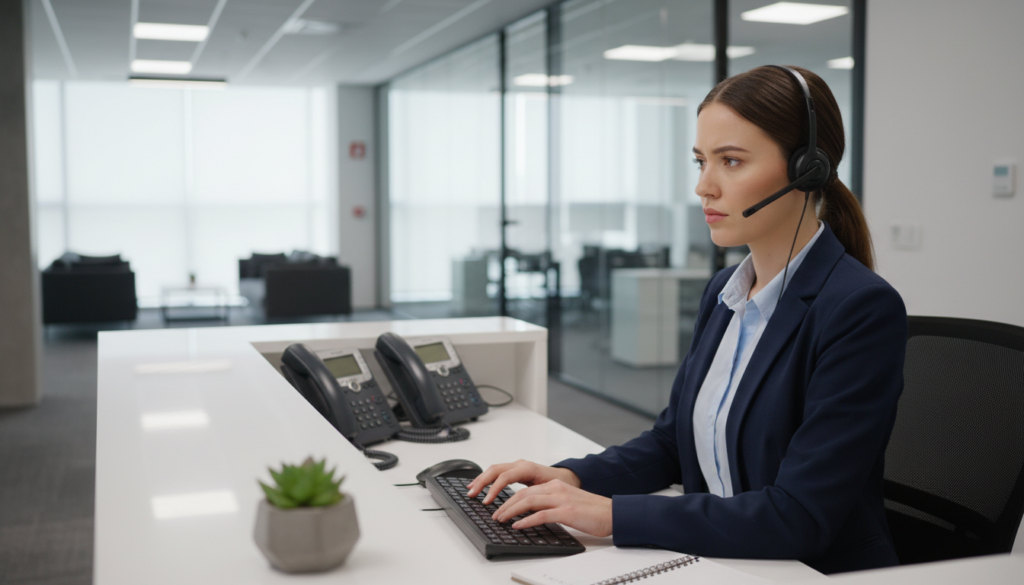 A modern office environment featuring a professional receptionist at a sleek desk, engaged in call handling. In the foreground, the receptionist, a woman in professional business attire, is using a headset while diligently typing on a computer. In the middle ground, a well-organized workspace is showcased with two phones, a notepad, and a decorative plant, indicating a busy yet efficient atmosphere. The background reveals a stylish office with glass walls, allowing natural light to flood the room, creating a warm and inviting ambiance. The lighting should be bright but soft, highlighting the professionalism of the scene. The perspective is slightly angled to give depth, focusing on the receptionist’s expression of concentration and dedication to providing excellent phone support. Overall, the mood is one of efficiency, professionalism, and modernity. A modern office environment featuring a professional receptionist at a sleek desk, engaged in call handling. In the foreground, the receptionist, a woman in professional business attire, is using a headset while diligently typing on a computer. In the middle ground, a well-organized workspace is showcased with two phones, a notepad, and a decorative plant, indicating a busy yet efficient atmosphere. The background reveals a stylish office with glass walls, allowing natural light to flood the room, creating a warm and inviting ambiance. The lighting should be bright but soft, highlighting the professionalism of the scene. The perspective is slightly angled to give depth, focusing on the receptionist’s expression of concentration and dedication to providing excellent phone support. Overall, the mood is one of efficiency, professionalism, and modernity.