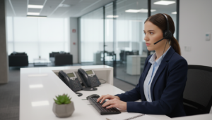 A modern office environment featuring a professional receptionist at a sleek desk, engaged in call handling. In the foreground, the receptionist, a woman in professional business attire, is using a headset while diligently typing on a computer. In the middle ground, a well-organized workspace is showcased with two phones, a notepad, and a decorative plant, indicating a busy yet efficient atmosphere. The background reveals a stylish office with glass walls, allowing natural light to flood the room, creating a warm and inviting ambiance. The lighting should be bright but soft, highlighting the professionalism of the scene. The perspective is slightly angled to give depth, focusing on the receptionist’s expression of concentration and dedication to providing excellent phone support. Overall, the mood is one of efficiency, professionalism, and modernity.