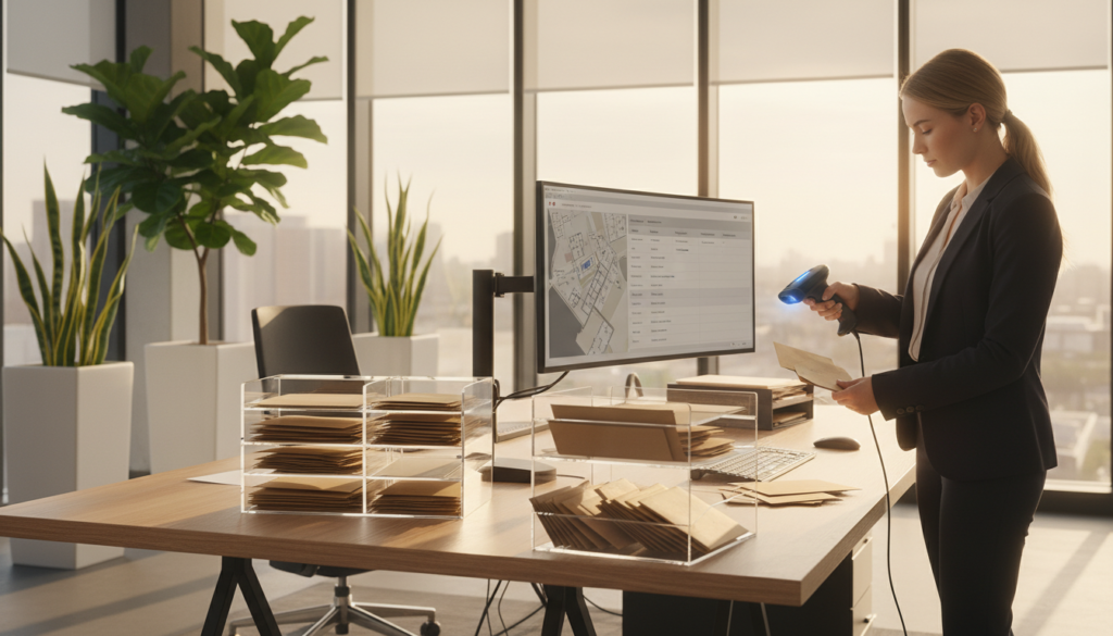 A modern office environment featuring a well-organized mail handling station. In the foreground, a professional in business attire is carefully sorting through a stack of letters and packages, using a scanner to digitize mail. The middle section includes a sleek desk with a computer displaying a digital mail management system and various envelopes neatly arranged. The background features large windows allowing natural light to flood the room, illuminating the space with a warm glow. Subtle greenery in planters adds a touch of life to the scene. The atmosphere is focused and efficient, conveying professionalism and modernity, with a photorealistic style that captures the details of the office setting. A modern office environment featuring a well-organized mail handling station. In the foreground, a professional in business attire is carefully sorting through a stack of letters and packages, using a scanner to digitize mail. The middle section includes a sleek desk with a computer displaying a digital mail management system and various envelopes neatly arranged. The background features large windows allowing natural light to flood the room, illuminating the space with a warm glow. Subtle greenery in planters adds a touch of life to the scene. The atmosphere is focused and efficient, conveying professionalism and modernity, with a photorealistic style that captures the details of the office setting.