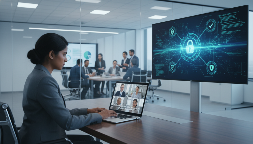 A modern office environment illustrating data protection, featuring a diverse group of professionals engaged in a video conference about employment law and data security for remote employees. In the foreground, a South Asian woman in a tailored business suit sits at a sleek desk, typing on a laptop, her focused expression illuminated by soft, overhead lighting. The middle ground showcases a large monitor displaying data protection graphics, with digital locks and secure data icons. In the background, glass walls reveal colleagues discussing around a conference table, creating a collaborative atmosphere. The overall mood is professional and dynamic, with a cool color palette emphasizing technology and security. The composition is well-lit with a cinematic depth of field, capturing the essence of a forward-thinking workplace. A modern office environment illustrating data protection, featuring a diverse group of professionals engaged in a video conference about employment law and data security for remote employees. In the foreground, a South Asian woman in a tailored business suit sits at a sleek desk, typing on a laptop, her focused expression illuminated by soft, overhead lighting. The middle ground showcases a large monitor displaying data protection graphics, with digital locks and secure data icons. In the background, glass walls reveal colleagues discussing around a conference table, creating a collaborative atmosphere. The overall mood is professional and dynamic, with a cool color palette emphasizing technology and security. The composition is well-lit with a cinematic depth of field, capturing the essence of a forward-thinking workplace.