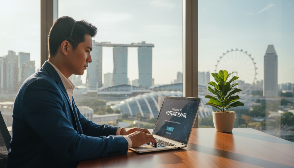 A modern office environment in Singapore, showcasing a professional individual in smart business attire, seated at a sleek desk with a laptop open before them, engaged in a remote onboarding session. The foreground features a close-up of their focused expression, with a digital onboarding interface visible on the laptop screen. In the middle ground, a potted plant adds a touch of greenery, and a window reveals a view of iconic Singapore architecture, such as the Marina Bay Sands and the Singapore Flyer. The background is softly blurred, with warm, natural lighting filtering through the window, creating an inviting and productive atmosphere. Capture this scene from a slightly elevated angle to emphasize the workspace's professionalism and the individual's commitment to remote work. The overall mood should evoke dedication and the future of banking in a vibrant city. A modern office environment in Singapore, showcasing a professional individual in smart business attire, seated at a sleek desk with a laptop open before them, engaged in a remote onboarding session. The foreground features a close-up of their focused expression, with a digital onboarding interface visible on the laptop screen. In the middle ground, a potted plant adds a touch of greenery, and a window reveals a view of iconic Singapore architecture, such as the Marina Bay Sands and the Singapore Flyer. The background is softly blurred, with warm, natural lighting filtering through the window, creating an inviting and productive atmosphere. Capture this scene from a slightly elevated angle to emphasize the workspace's professionalism and the individual's commitment to remote work. The overall mood should evoke dedication and the future of banking in a vibrant city.