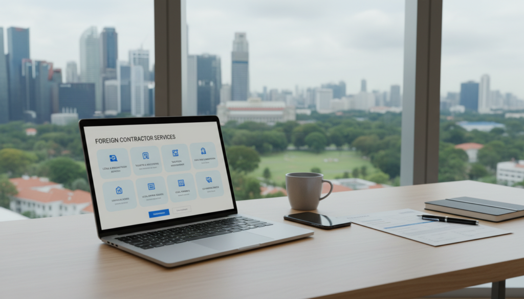 A modern office environment showcasing a "service directory" specifically for foreign contractors in Singapore business compliance. In the foreground, a sleek, open laptop displays a digital directory interface with neatly organized sections for various contractor services. In the middle, a professional-looking table filled with business documents and a smartphone rests alongside a simple, sophisticated coffee mug. The background features a large window revealing the iconic Singapore skyline with lush greenery below, hinting at a vibrant business atmosphere. The lighting is bright and natural, streaming in soft beams through the window, creating a productive and inviting mood. The overall composition should convey professionalism and accessibility, with no text or branding elements present. A modern office environment showcasing a "service directory" specifically for foreign contractors in Singapore business compliance. In the foreground, a sleek, open laptop displays a digital directory interface with neatly organized sections for various contractor services. In the middle, a professional-looking table filled with business documents and a smartphone rests alongside a simple, sophisticated coffee mug. The background features a large window revealing the iconic Singapore skyline with lush greenery below, hinting at a vibrant business atmosphere. The lighting is bright and natural, streaming in soft beams through the window, creating a productive and inviting mood. The overall composition should convey professionalism and accessibility, with no text or branding elements present.